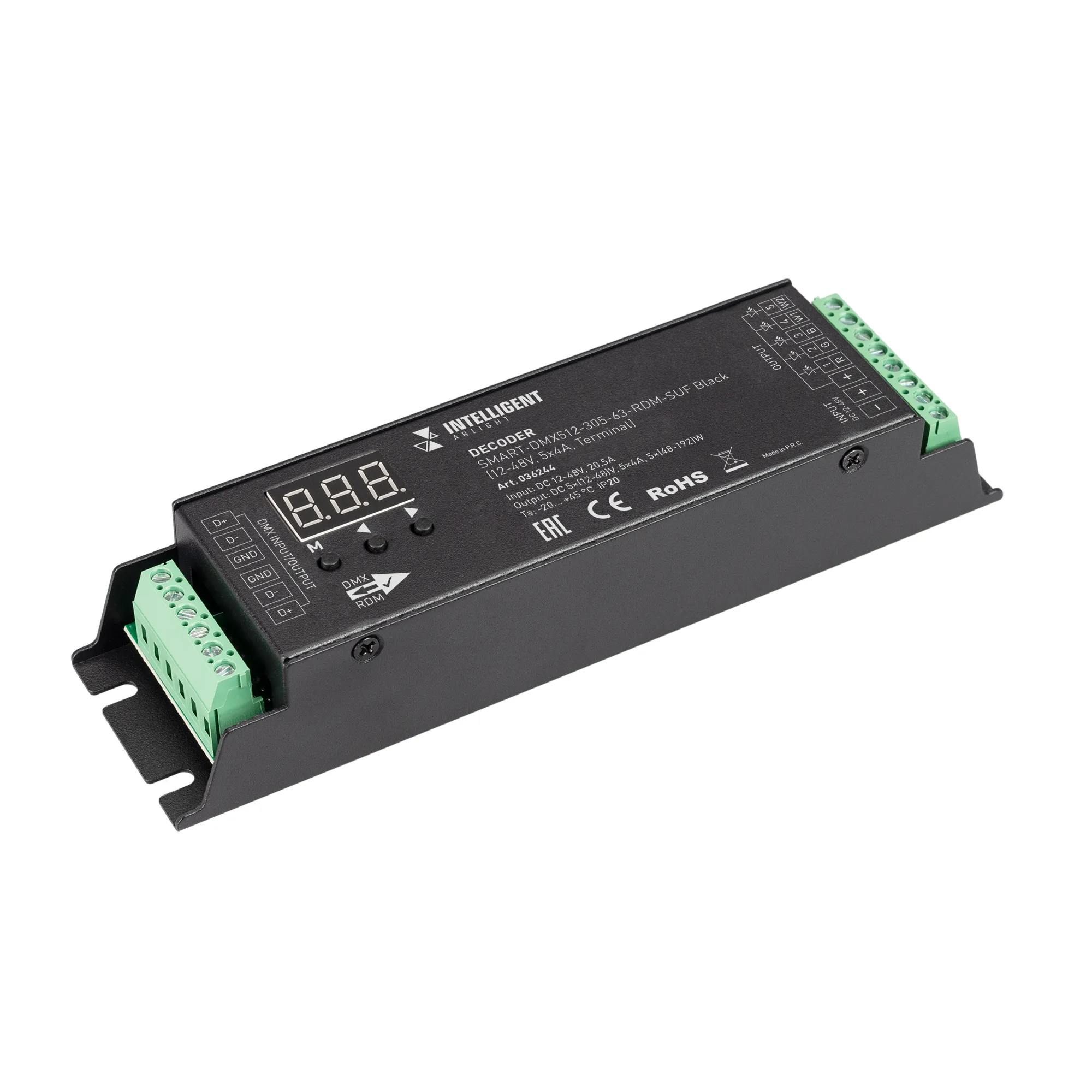 INTELLIGENT ARLIGHT Декодер SMART-DMX512-305-63-RDM-SUF Black (12-48V, 5x4A, Terminal) (IARL, IP20 Металл, 5 лет) - изображение товара