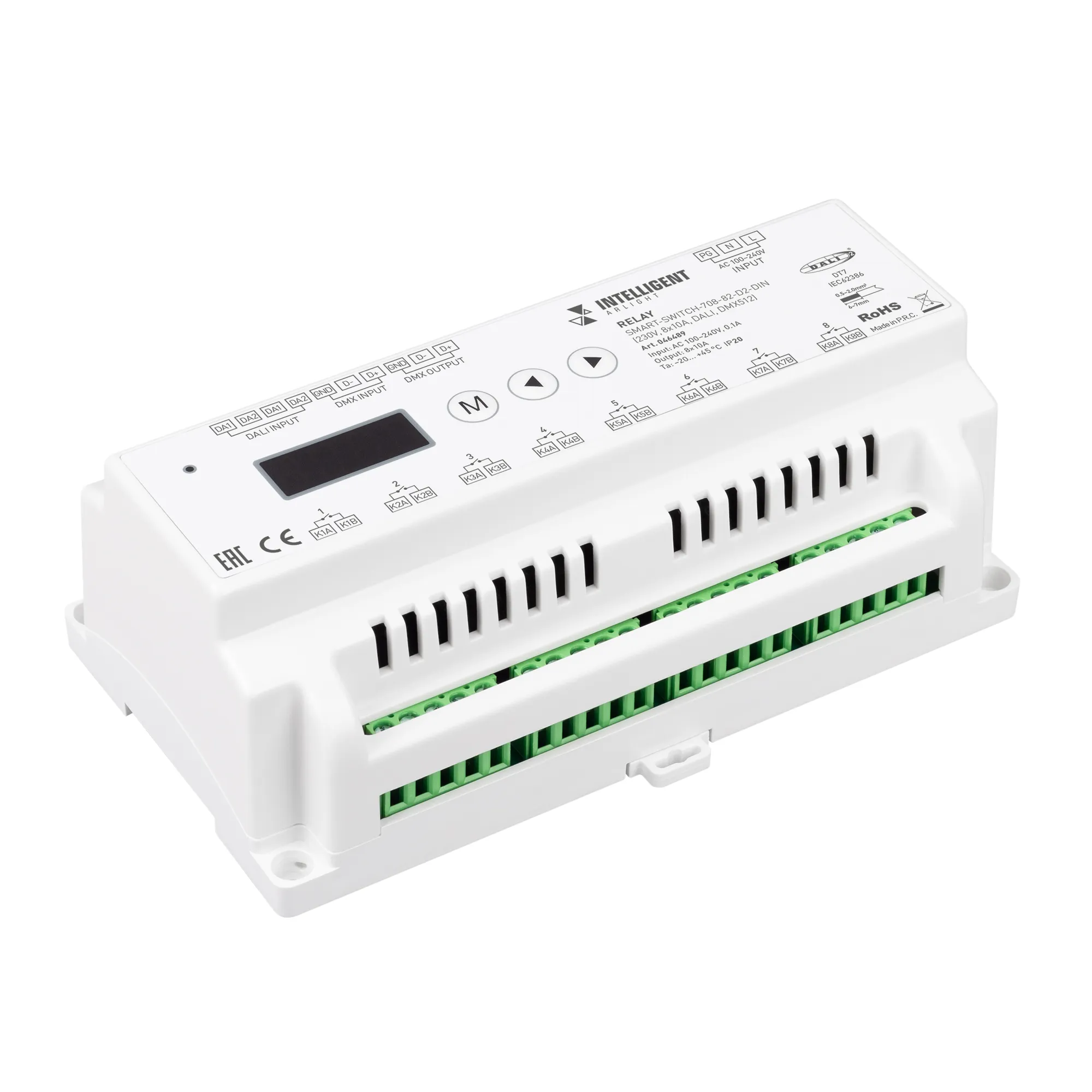 INTELLIGENT ARLIGHT Релейный модуль SMART-SWITCH-708-82-D2-DIN (230V, 8x10A, DALI, DMX512) (IARL, IP20 Пластик, 5 лет) - изображение товара